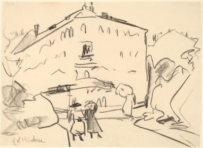 Huizen in Dresden met wandelende mensen, 1909 door Ernst Ludwig Kirchner