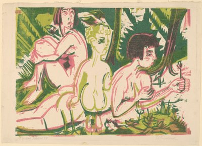 Naakte Vrouwen met een Kind in het Bos door Ernst Ludwig Kirchner