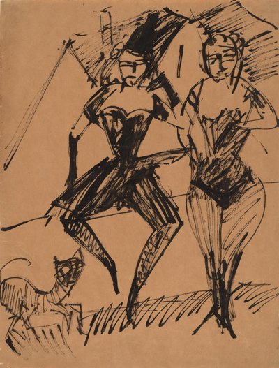 Twee dansers met een kat, 1913 door Ernst Ludwig Kirchner