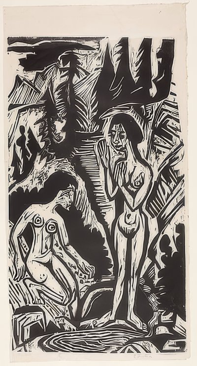 Baden in rotsen door Ernst Ludwig Kirchner