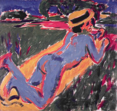 Blauwe liggende naakt met een strohoed, 1908 door Ernst Ludwig Kirchner