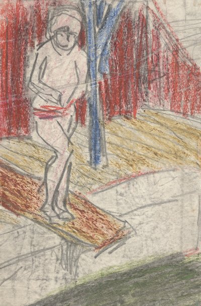 Figuur op duikplank (potlood en krijt op papier) door Ernst Ludwig Kirchner