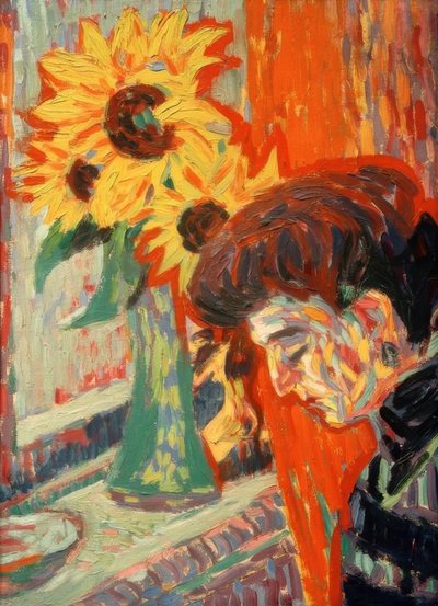 Vrouwenhoofd voor zonnebloemen door Ernst Ludwig Kirchner
