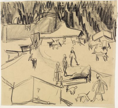 Bergdorp (Staffelalp) met herders en geiten door Ernst Ludwig Kirchner