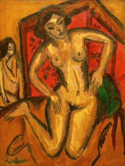 Knielende meisjesnaakt voor rood kamerscherm door Ernst Ludwig Kirchner