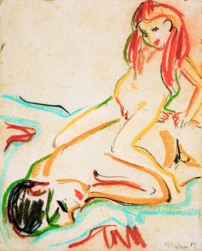 Liggende Naakte Man met Kind op de Rug door Ernst Ludwig Kirchner