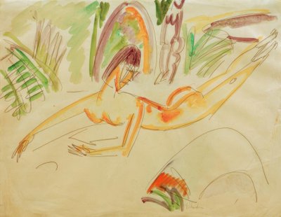 Liggende Vrouwelijke Naakt aan het Fehmarnstrand door Ernst Ludwig Kirchner
