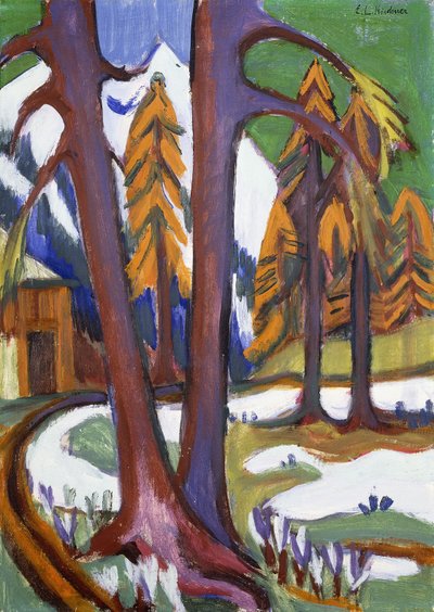 Berg-vroege lente met lariksen door Ernst Ludwig Kirchner