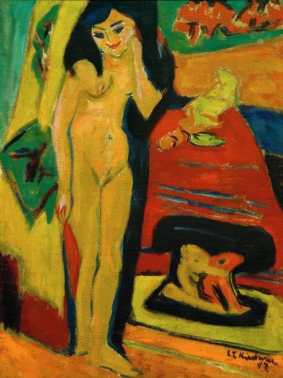Naakt meisje achter gordijn (Fränzi) door Ernst Ludwig Kirchner