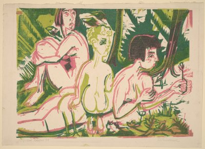 Nackte Frauen mit einem Kind im Wald door Ernst Ludwig Kirchner