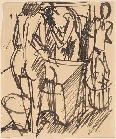 Naakt met een spiegel, staand voor een wastafel door Ernst Ludwig Kirchner