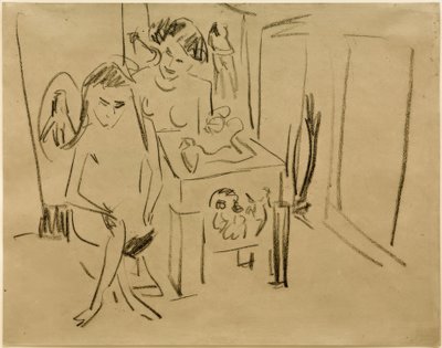Zonder Titel (Dodo en Fränzi in het Atelier) door Ernst Ludwig Kirchner