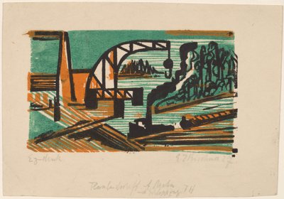 Rivierlandschap met kraan en schuiten door Ernst Ludwig Kirchner