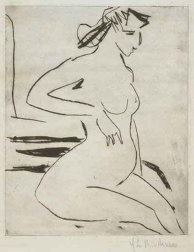 Zwangere naakte vrouw, zittend door Ernst Ludwig Kirchner