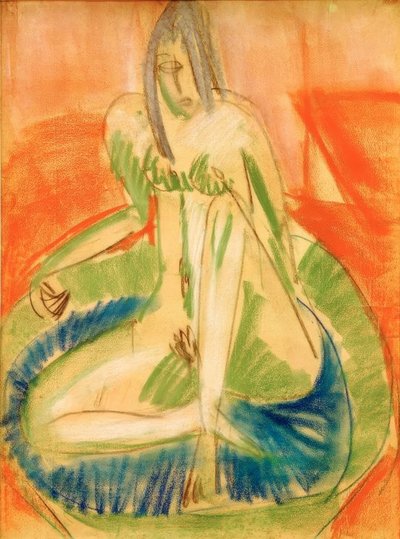 Zittende vrouwelijke naakt in bad door Ernst Ludwig Kirchner