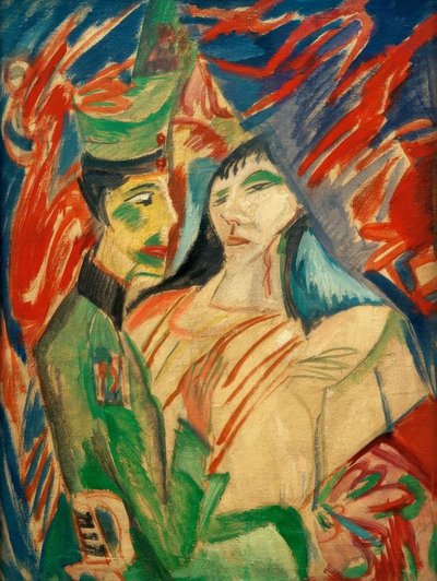 Soldaat en meisje tussen kleurrijke gordijnen door Ernst Ludwig Kirchner