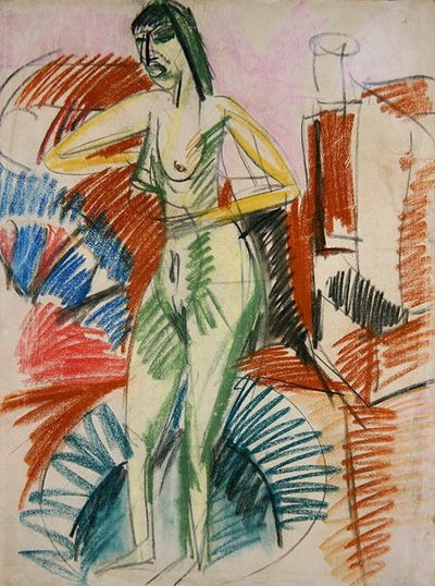 Staande Vrouwelijke Naakt, in een Badkuip door Ernst Ludwig Kirchner