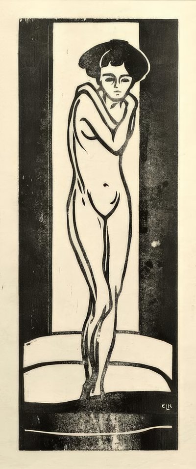 Staand meisjesnaakt met gekruiste armen door Ernst Ludwig Kirchner