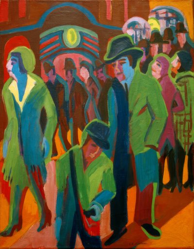 Straat met voetgangers bij nachtverlichting door Ernst Ludwig Kirchner