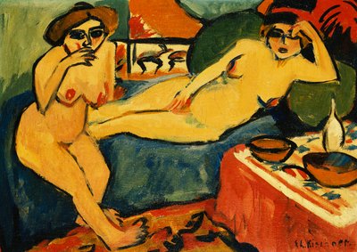 Twee naakten op een blauwe sofa, ca. 1910-1920 door Ernst Ludwig Kirchner