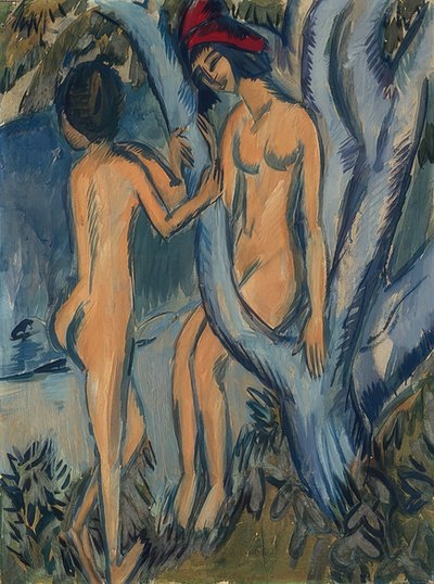 Twee naakten bij een boom, Fehmarn door Ernst Ludwig Kirchner