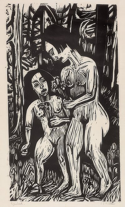 Twee naakte meisjes met bloemen in het bos. 1923 door Ernst Ludwig Kirchner