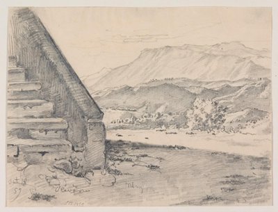 Prospect met een trap links en rechts uitzicht over een berglandschap door Ernst Meyer
