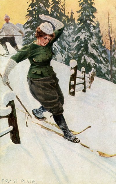Vrouw aan het skiën, eind 19e of begin 20e eeuw door Ernst Platz