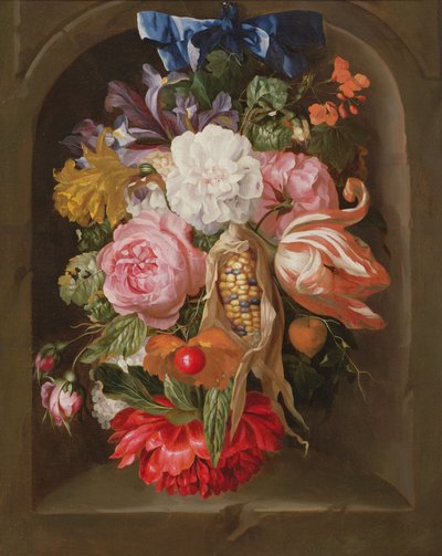 Een stilleven van een maïskolf, rozen, een papegaaitulp, irissen en andere bloemen opgehangen aan een blauw lint, in een stenen nis door Ernst Stuven