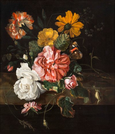 Rozen met een vlinder, blauwe fles en een slak op een stenen rand door Ernst Stuven