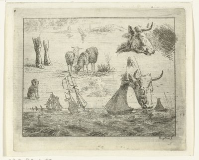 Studieblad met een zeegezicht, twee koeienkoppen, schapen, een hond en twee poten door Ernst Willem Jan Bagelaar
