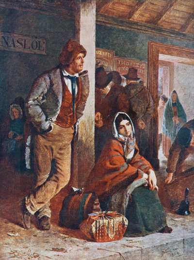 Ierse emigranten op het station van Ballinasloe op weg naar Galway, Ierland om aan boord te gaan van boten naar Amerika in de 19e eeuw, naar het schilderij van Erskine Nicol. door Erskine Nicol