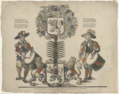 Boom met twee wapenschilden, aan elke zijde een tamboer door Erven Weduwe Gijsbert de Groot