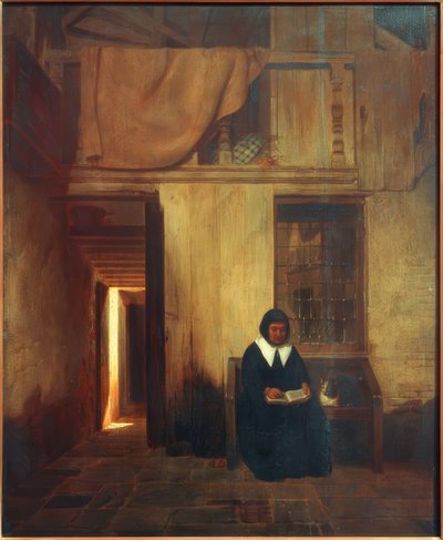 Interieur met lezende vrouw en kat door Esaias Boursse