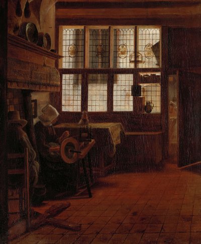 Interieur met Vrouw bij het Spinnewiel door Esaias Boursse