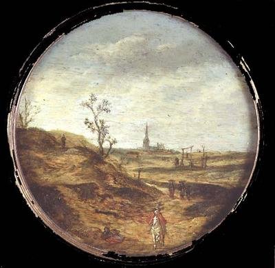 Een uitgestrekt landschap met reizigers op een weg door Esaias II van de Velde