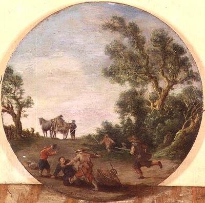 Rovers die een reiziger aanvallen op een pad bij een bos door Esaias II van de Velde