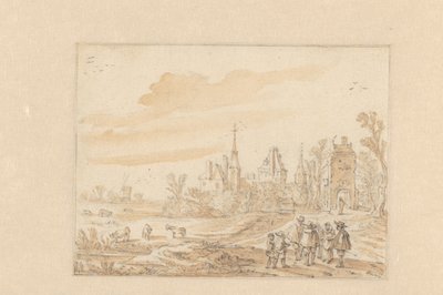 Landschap met een groep personen en een kasteel door Esaias van de Velde (possibly)