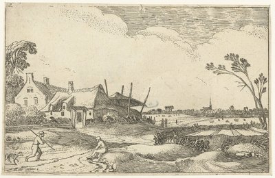 Boerderij aan een pad en vergezicht over velden door Esaias van de Velde