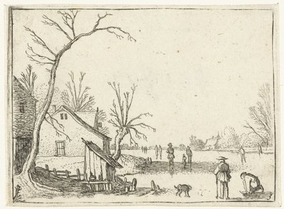 Boerderij bij bevroren rivier en schaatsers op het ijs door Esaias van de Velde