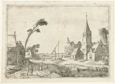 Dorpsgezicht met boerderijen, kerk en waterput door Esaias van de Velde