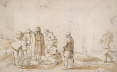 Vismarktlui op het strand door Esaias van de Velde