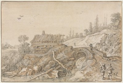 Heuvelachtig landschap met hut naast een stroom door Esaias van de Velde