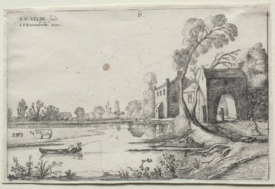 Landschap met een Rivier en een Poortgebouw door Esaias van de Velde