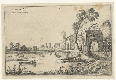 Landschap met een rivier en poortgebouw door Esaias van de Velde
