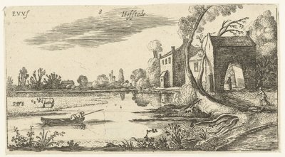 Landschap met een rivier en poortgebouw door Esaias van de Velde
