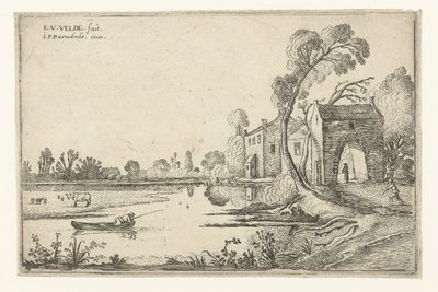 Landschap met rivier en poortgebouw door Esaias van de Velde