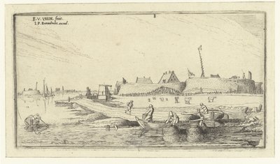 Roeiboten met vissers voor een fort aan de Schelde door Esaias van de Velde
