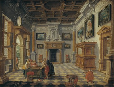 Weelderig Renaissance-interieur met tric-trac spelers door Esaias van de Velde