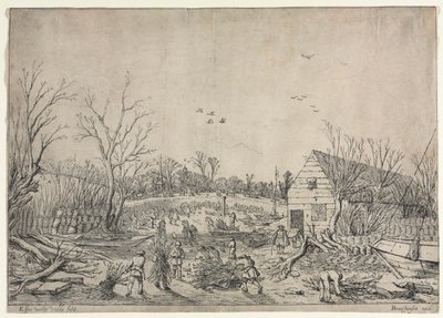 De Grote Overstroming van 10 Januari 1624 (of Reparatie van de Gebroken Dijk aan de Rivier Lek bij Vianen, 1624) door Esaias van de Velde